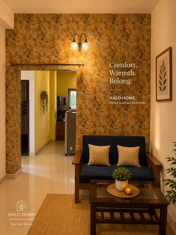 Lounge at Halo Home with "Comfort. Warmth. Belong." wall