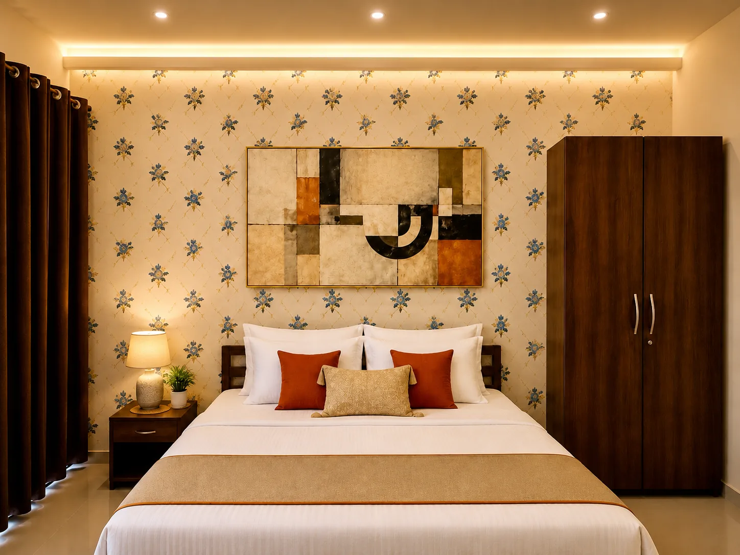 Nahor Suite bedroom with king bed and patterned feature wall